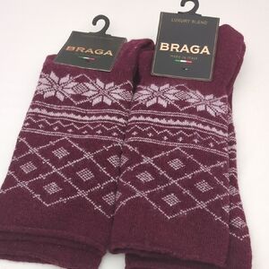 Braga Burgundy & White Merino Wool Cashmere Blend Winter Made In Italy Socks